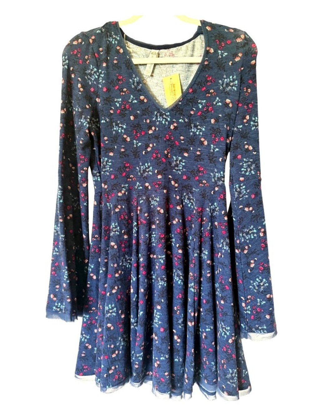 American Rag Floral Knit Long Bell Sleeve Boho Dress Indigo Small